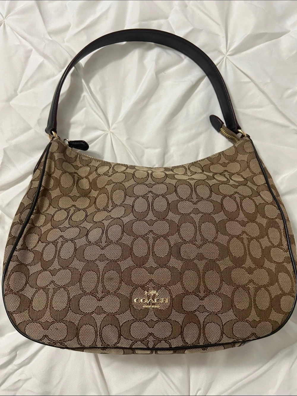 Coach Brown Signature Jacquard Hobo with Dark Brown Leather Trim - Picture 1 of 7
